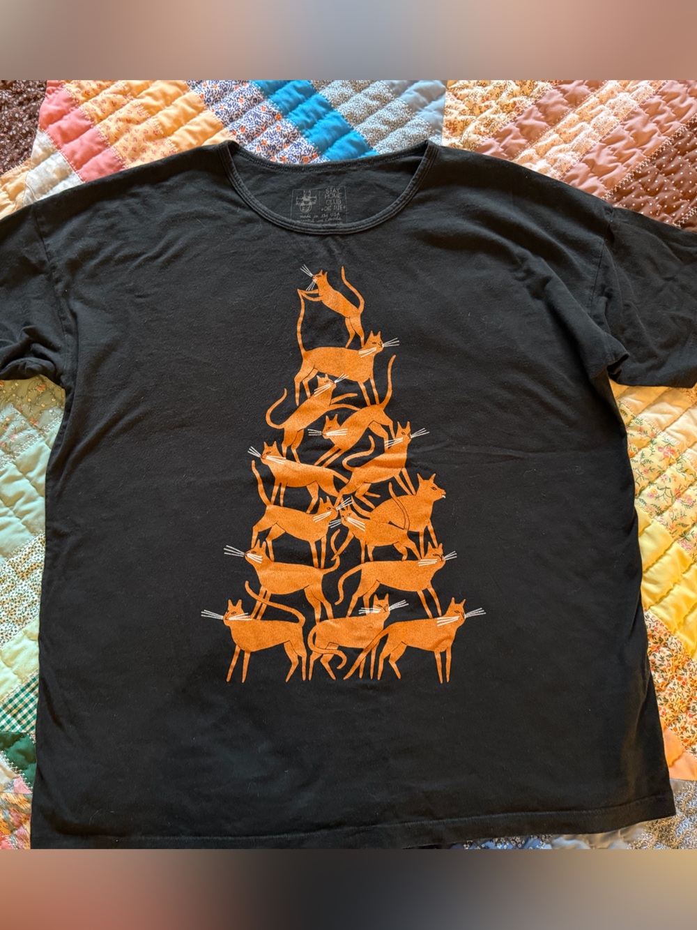 Stay Home Club Graphic Tee with Orange Cat Stack
